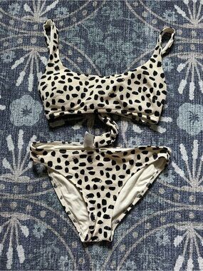 aerie Cream and Black Spotted Bikini Top and Bottom Set